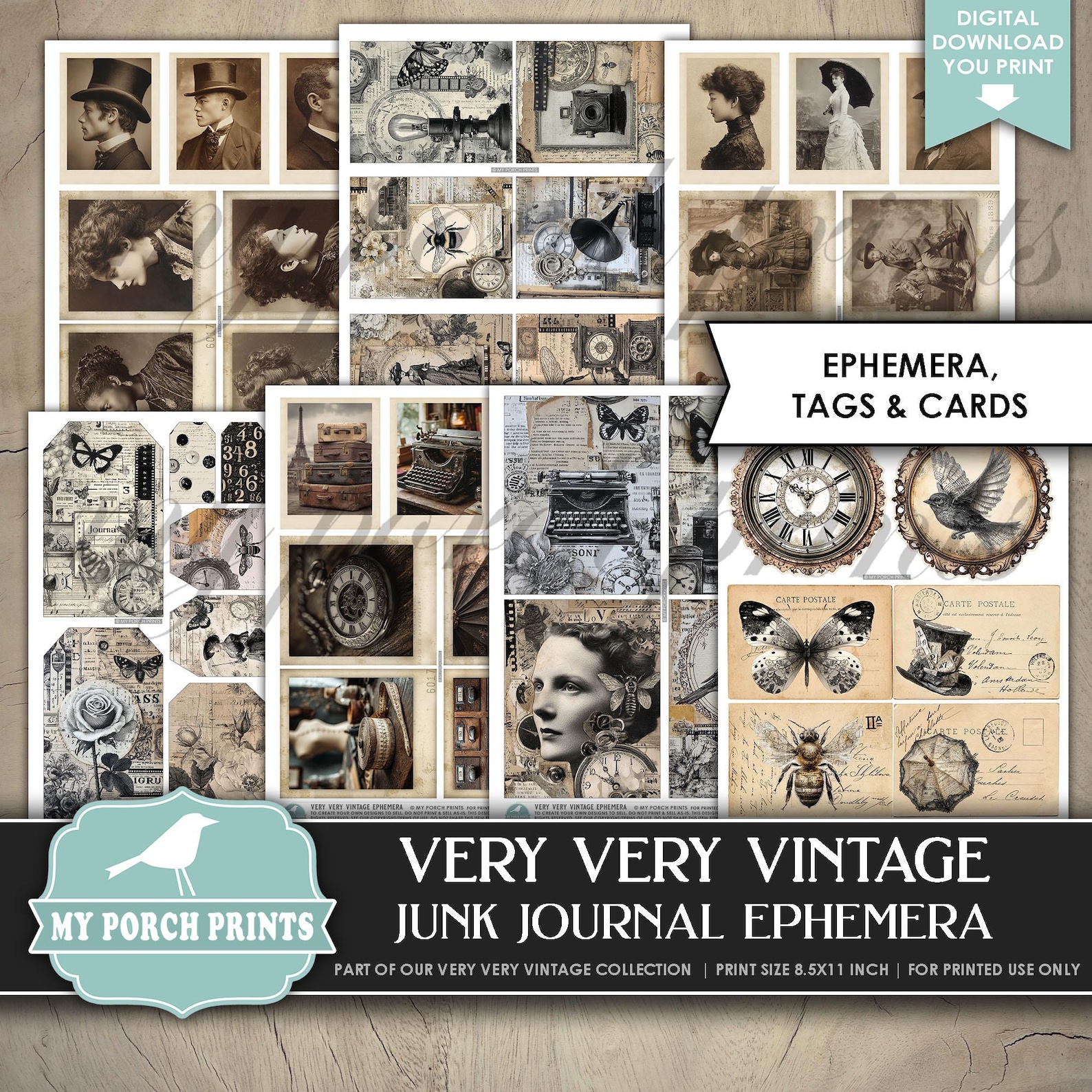 Very Very Vintage EPHEMERA Junk Journal Kit Steampunk Ivory Black White ...
