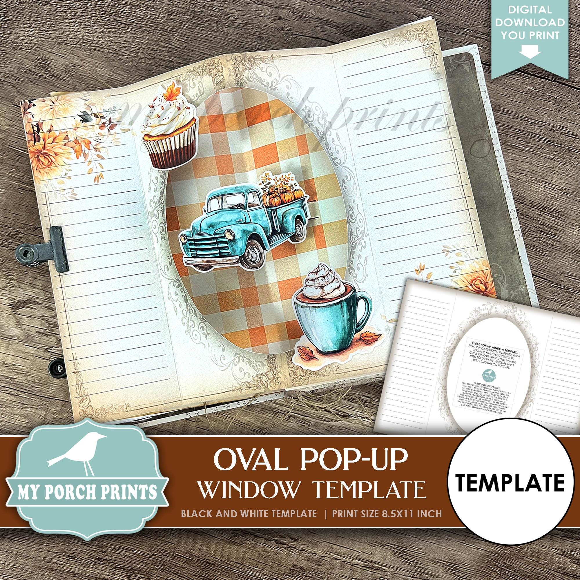 Oval Pop-Up Window TEMPLATE, Black & White, Pop Up Card, No. 152, Junk Journal, Frame, Lines, My Porch Prints, Digital, Download, Printable