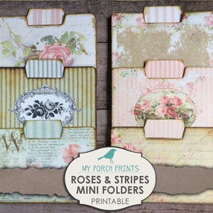 Roses and Stripes Mini File Folders, Junk Journal Kit, Shabby, Ephemera ...