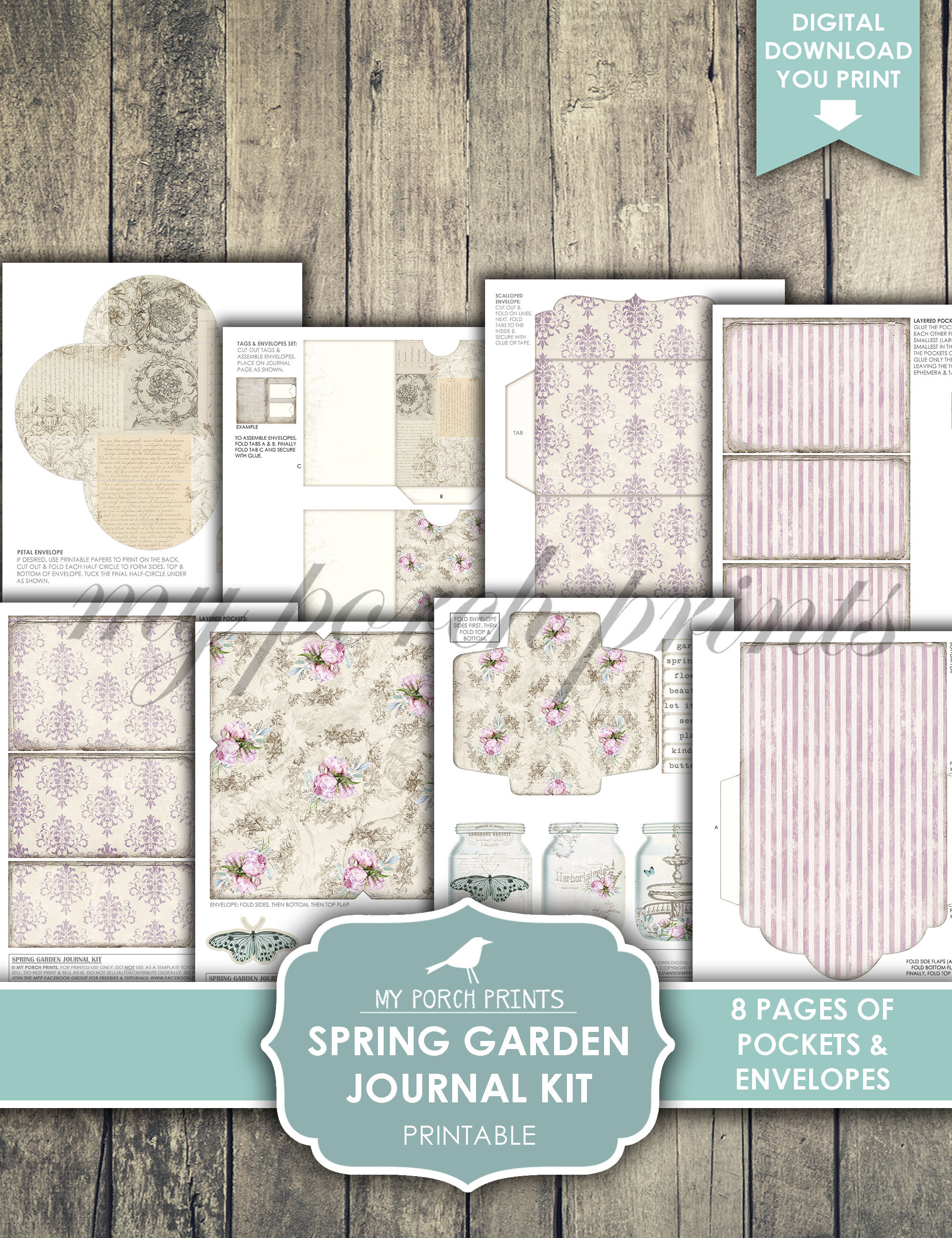 Junk Journal, Kit, Spring, Garden, Peonies, Cottage, Purple, Floral ...
