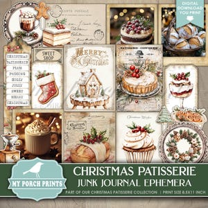 Christmas Patisserie EPHEMERA, Junk Journal, Kit, Bakery, Cookies, Desserts, Recipe, Shops, My Porch Prints, Printable Digital Download