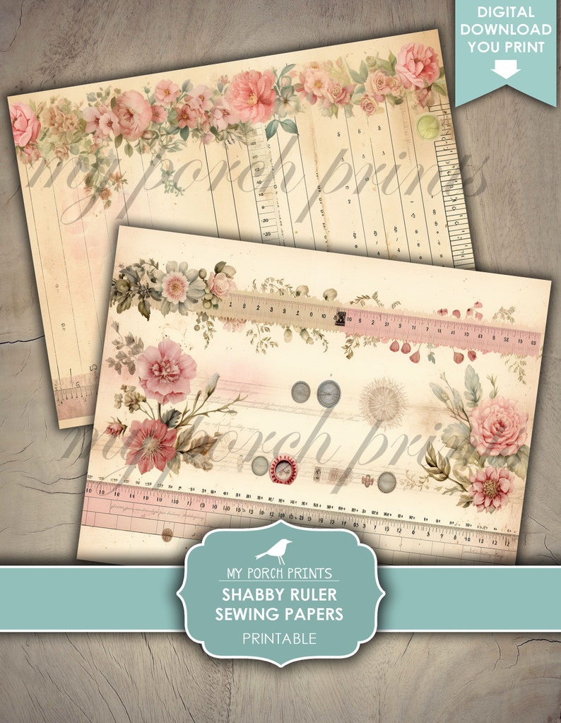 Op de afbeelding: Printbare naaipapieren met een shabby chic ontwerp met roze bloemen, een liniaal en de tekst "My Porch Prints Shabby Ruler Sewing Papers Printable".