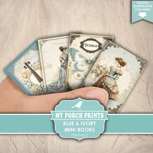 Blue and Ivory Mini Books, Junk Journal, Miniature, Book, Victorian, Teal, Neutral, Vintage, My Porch Prints, Printable, Digital Download