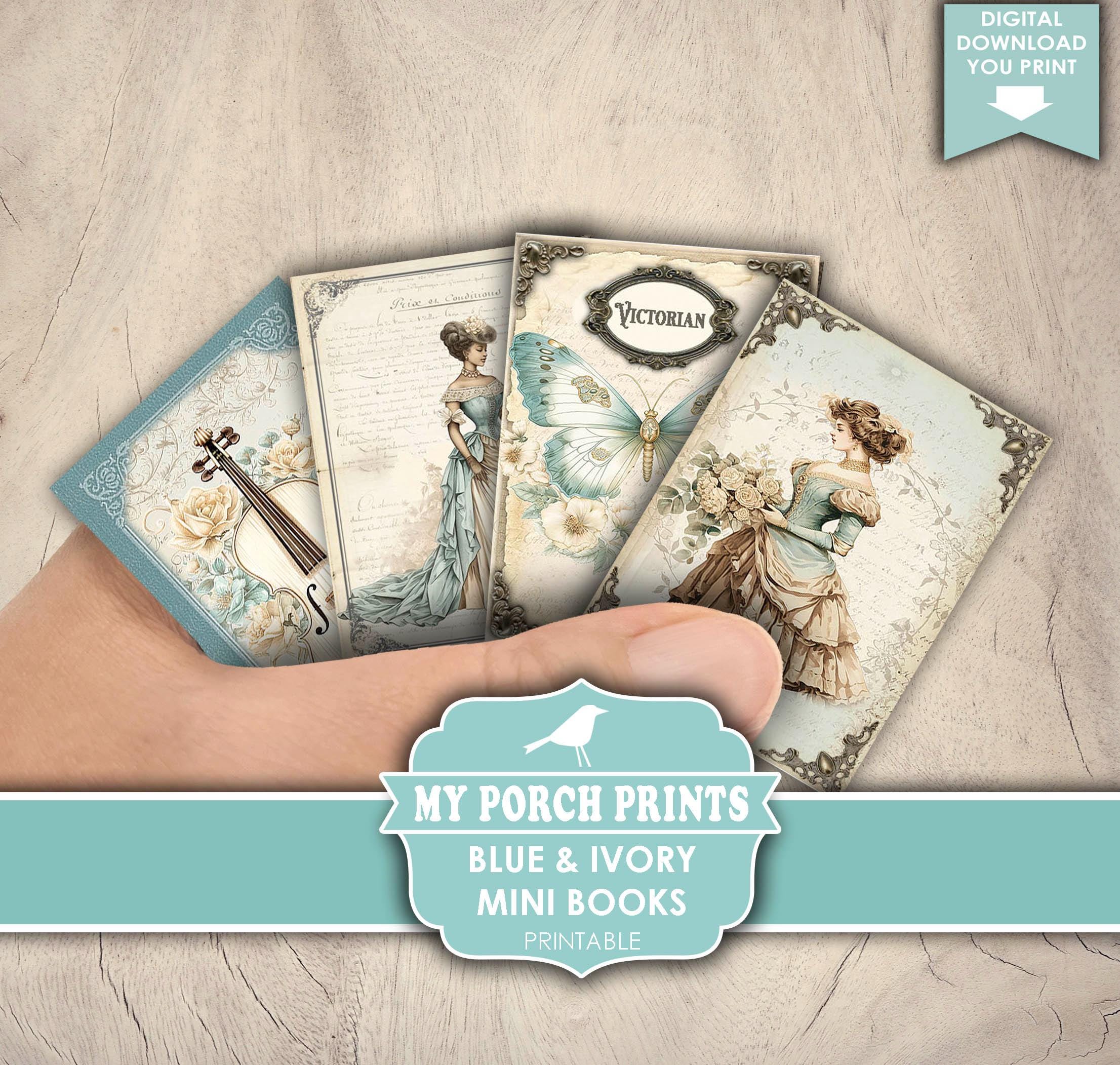 Blue and Ivory Mini Books, Junk Journal, Miniature, Book, Victorian, Teal, Neutral, Vintage, My Porch Prints, Printable, Digital Download
