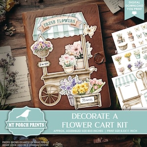 Decorate a Flower Cart Kit, Flowers, Garden, Mother's Day Card, Cricut, Junk Journal, Fussy Cuts, My Porch Prints Printable Digital Download