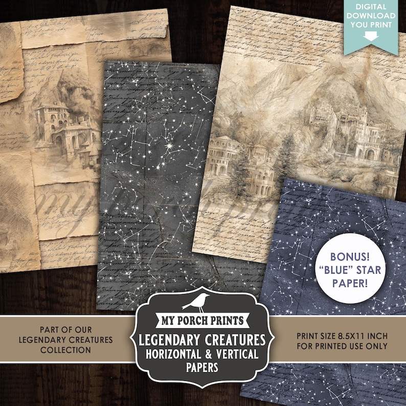 Legendary Creatures Junk Journal Papers, Horizontal & Vertical Magical ...