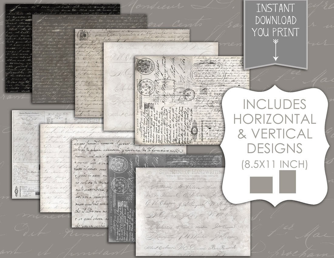 Antique Script, Paper Pack, Junk Journal, Scrapbook Paper, Printable ...