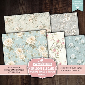 Op de afbeelding: Een verzameling printbare journaalpagina's en -papieren met bloemmotieven. De papieren tonen rozen en andere bloemen in verschillende kleuren, waaronder cr&egrave;me, roze en blauw. De tekst op de afbeelding luidt "Heirloom Elegance Journal Pages & Papers Printable".