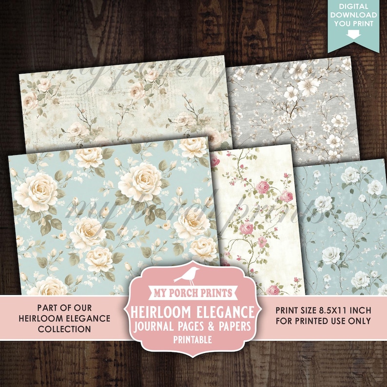 Op de afbeelding: Een verzameling printbare journaalpagina's en -papieren met bloemmotieven. De papieren tonen rozen en andere bloemen in verschillende kleuren, waaronder cr&egrave;me, roze en blauw. De tekst op de afbeelding luidt "Heirloom Elegance Journal Pages & Papers Printable".