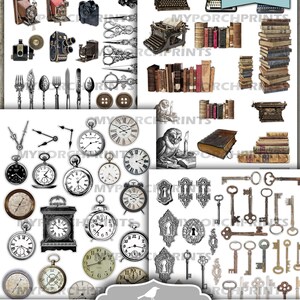Puede incluir: Ocho hojas imprimibles de im&aacute;genes de estilo vintage, que incluyen c&aacute;maras, m&aacute;quinas de escribir, libros, llaves, tijeras, cubiertos, relojes y un b&uacute;ho. El t&iacute;tulo "Found Objects Fussy Cuts Printable" est&aacute; en la parte inferior de la imagen.