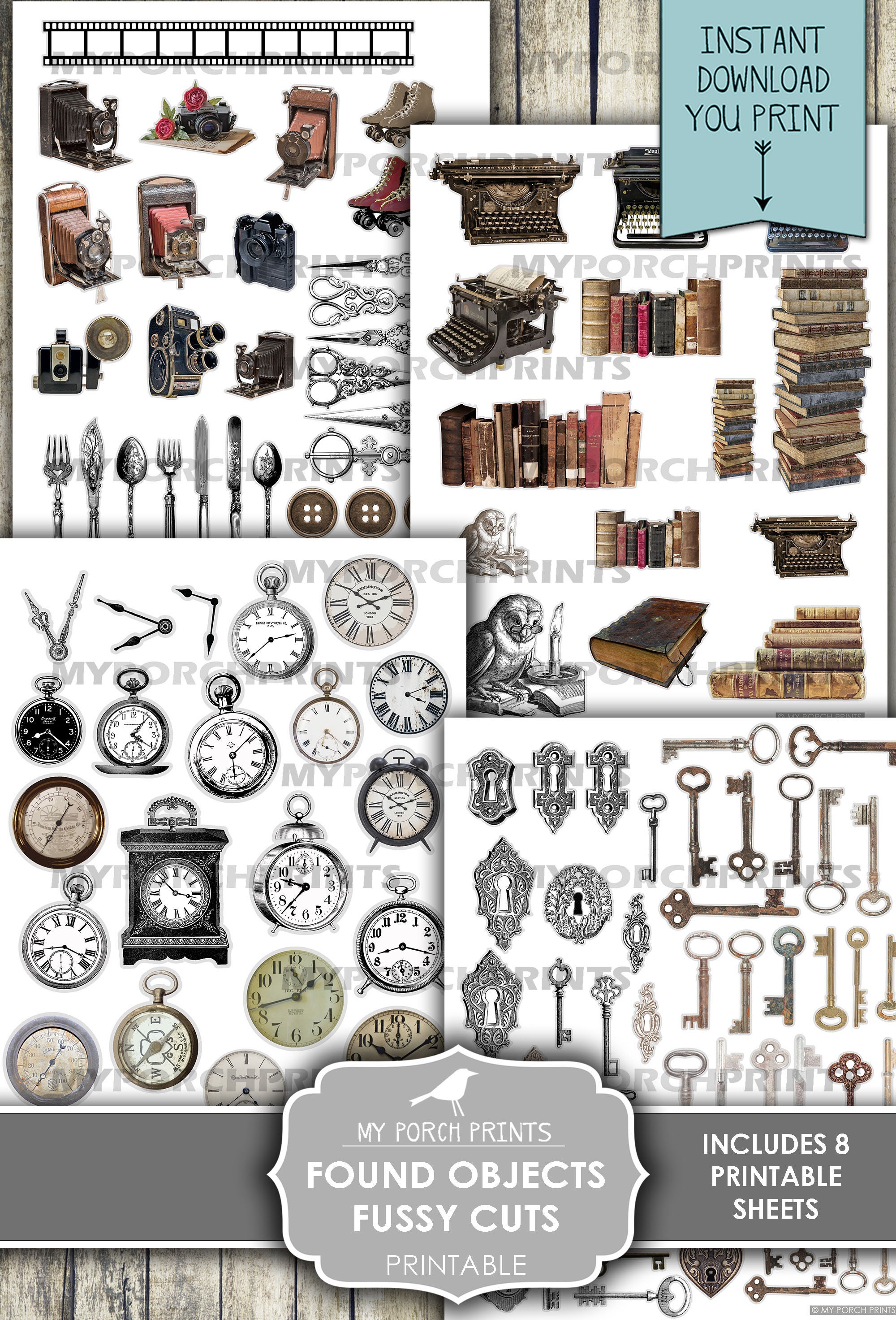 Found Object Clock Junk Journal Ephemera, Fussy Cut, Found Object, Clock, Key, Antique ...