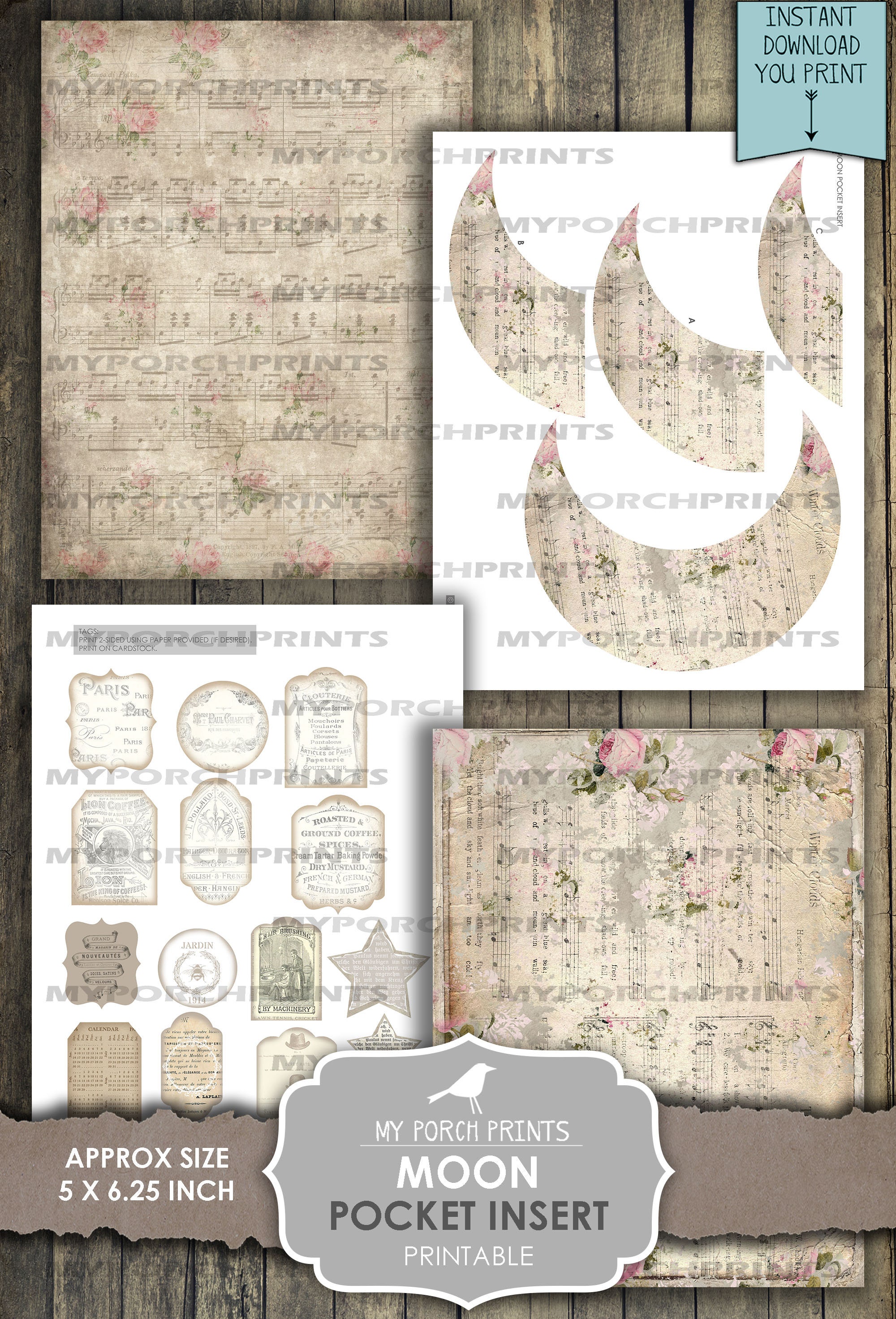 Moon, Pocket, Junk Journal, Insert, Kit, Dream Journal, Tags, Stars ...