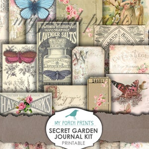 May include: A printable digital collage kit with a vintage aesthetic featuring images of butterflies, flowers, and text. The kit includes a variety of designs, including a label for "Invigorating Lavender Salts", a floral pattern, and a vintage postcard with the text "Cafes & Legumes".