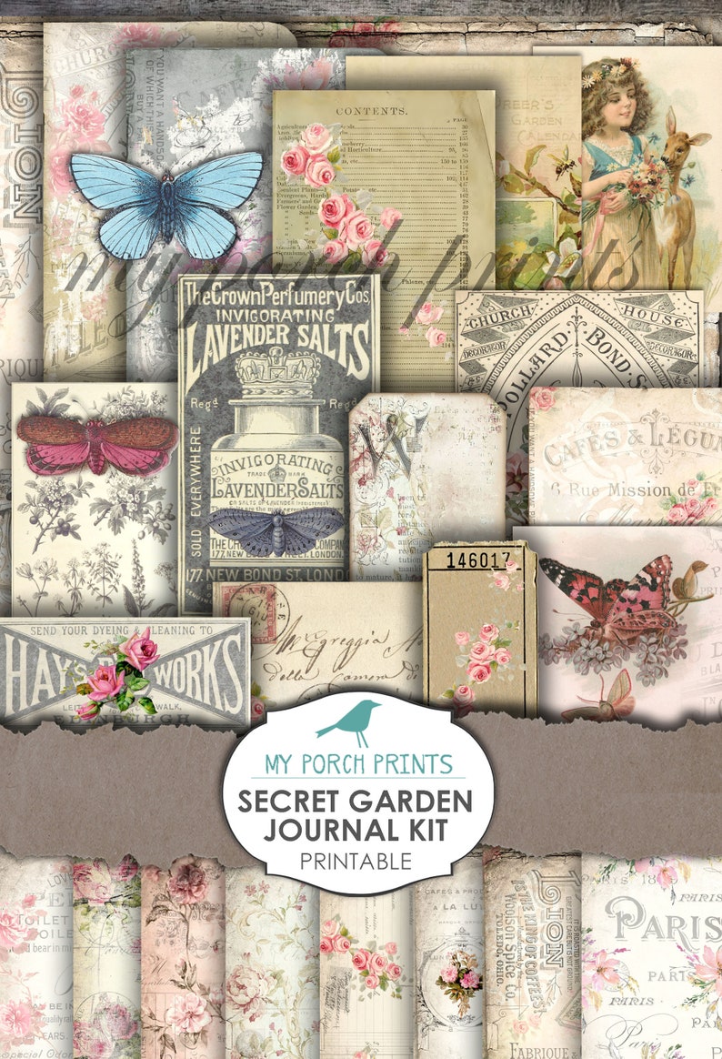 May include: A printable digital collage kit with a vintage aesthetic featuring images of butterflies, flowers, and text. The kit includes a variety of designs, including a label for "Invigorating Lavender Salts", a floral pattern, and a vintage postcard with the text "Cafes & Legumes".