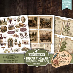May include: A digital scrap pack featuring Tuscan vineyard imagery, including wine bottles, grapes, barrels, bicycles, and botanical illustrations. The sheets display vintage-style labels, fountain scenes, and Italian herb graphics on 8.5x11 inch pages.