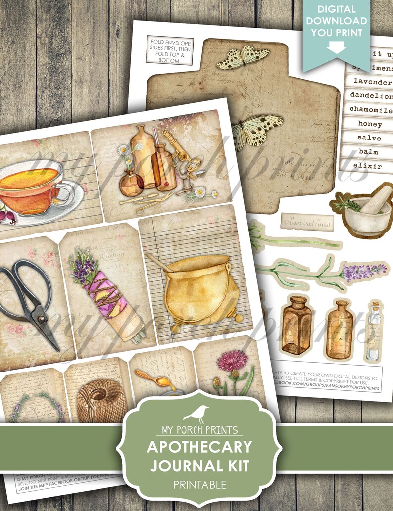 Junk Journal Kit, Apotekare, Natur, Örter, Läkning, Cottagecore, Vetenskap, Steampunk, Shabby, Min veranda-tryck, Digital nedladdning, Utskrivbar bild 8