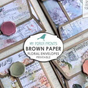 Papier brun, mini enveloppes, classeur, pochette, lettre, cartes, étiquettes, journal indésirable, éphémère, scrapbooking, collage, floral, imprimable, vintage