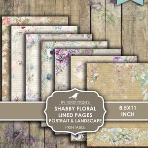 Junk-Journal, shabby, Floral, Liniert, Papiere, Liniert, Querformat, Hochformat, Weiß, 8,5 x 11, Seiten, My Porch Prints, Download, Printable