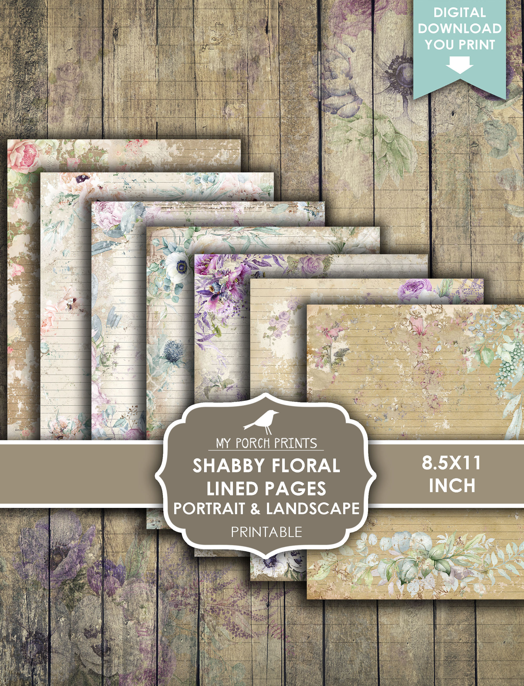 junk journal shabby floral lined papers ruled landscape etsy