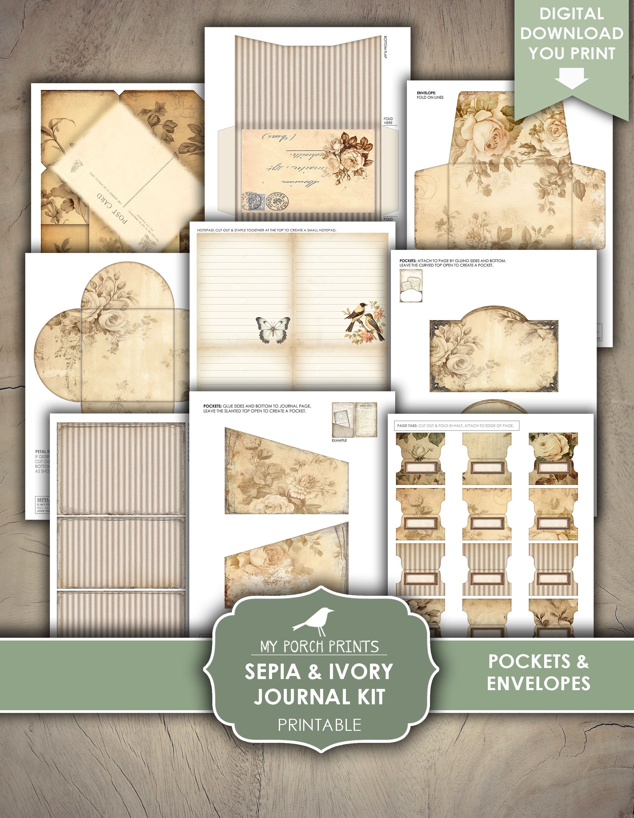 Junk Journal, Sepia, Ivory, Antique, Flowers, Neutral, Vintage ...