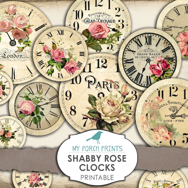 Shabby Rose Clocks, Junk Journal Kit, Tags, Ephemera, My Porch Prints Store, Printable, Digi Kit, MyPorchPrints, Circle, Scrapbook, Download