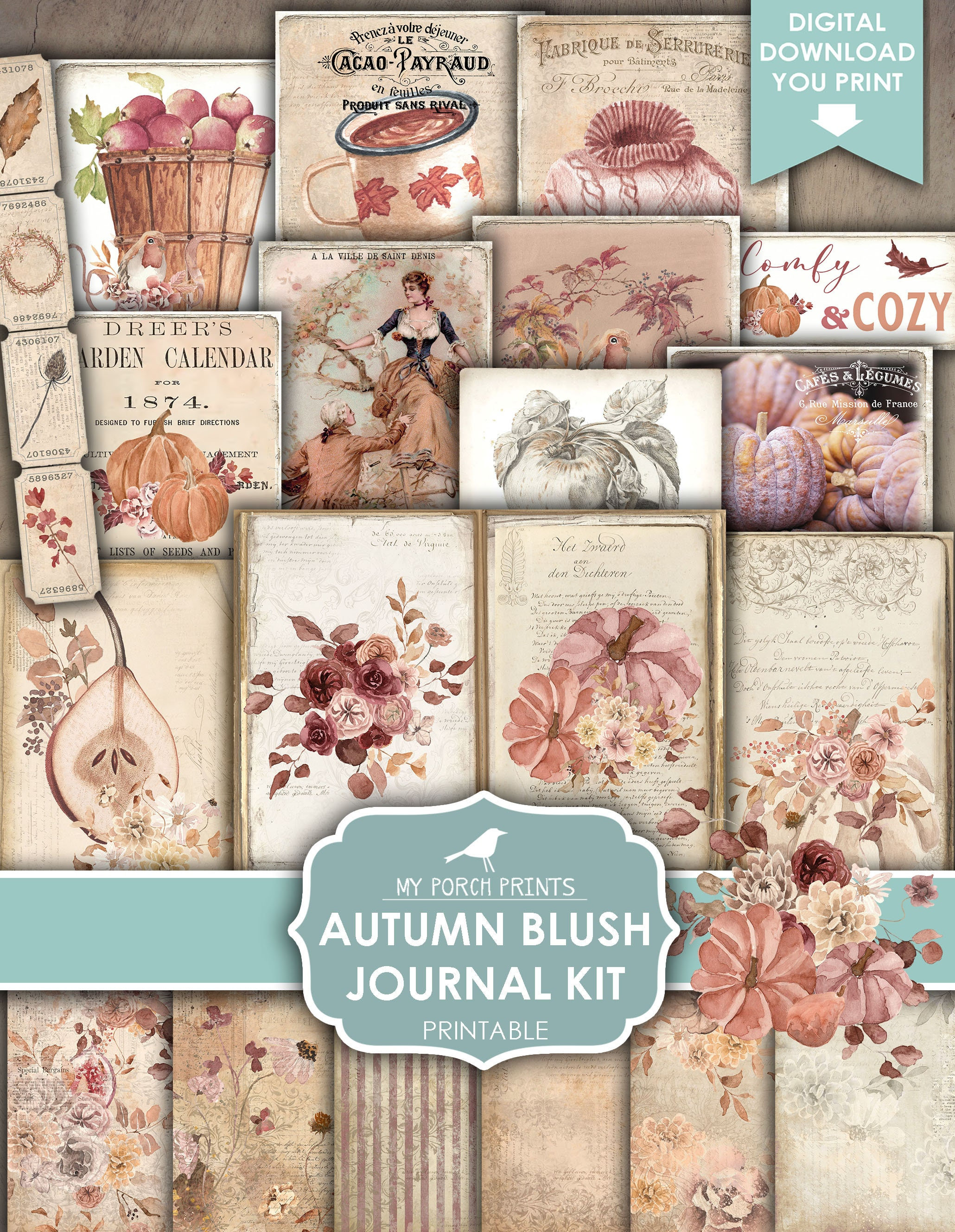 Cute Autumn Junk Journal  Kawaii Digital Paper - Inspire Uplift