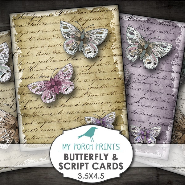 Butterfly Cards, Script, Shabby, Grunge, Paper, butterflies, collage sheet, download, Digital, Junk Journal, vintage, Printable, Ephemera