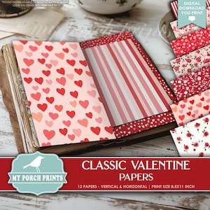 Classic Valentine Papers, Junk Journal, Red Pink, Striped, Scrapbook, Hearts, Valentine's Day, My Porch Prints Printable Digital Download