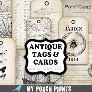 Antique Tags & Cards, junk journal, ephemera, kit, postcard, black and white, Neutral, printable, my porch prints, vintage, digital download