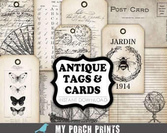 Antique Tags & Cards, junk journal, ephemera, kit, postcard, black and white, Neutral, printable, my porch prints, vintage, digital download