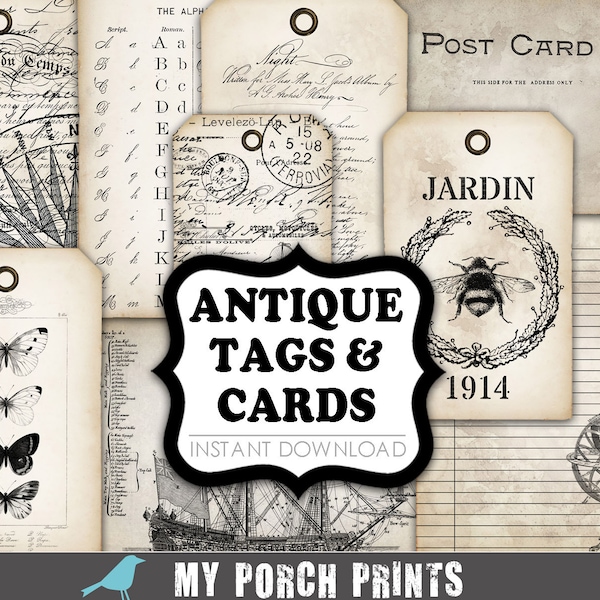 Antique Tags & Cards, junk journal, ephemera, kit, postcard, black and white, Neutral, printable, my porch prints, vintage, digital download