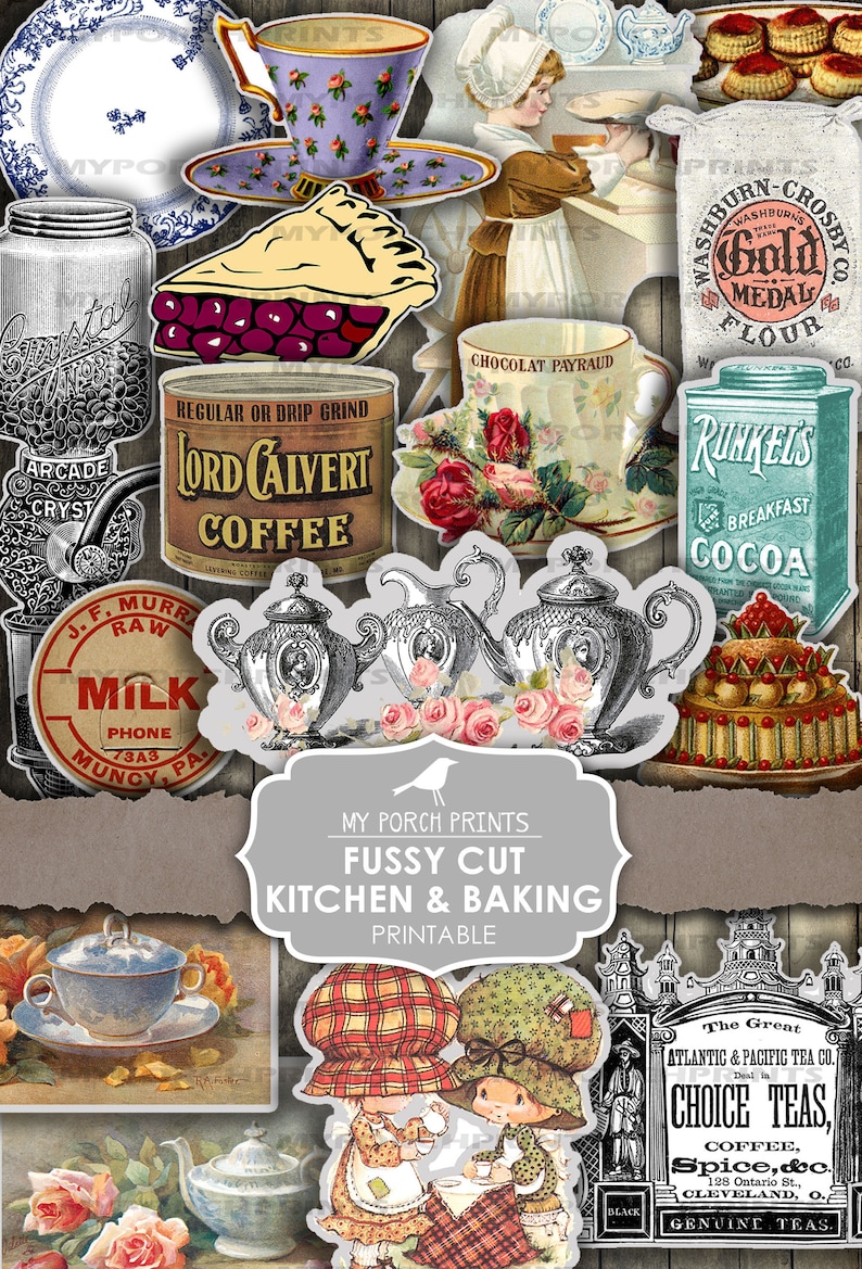 K&ouml;nnte beinhalten: Eine digitale Collage aus Vintage-Bildern mit K&uuml;chen- und Backmotiven. Die Collage enth&auml;lt Bilder von Kaffee, Kakao, Milch, Tee, Kuchen, Torte und Teetassen. Der Text "My Porch Prints Fussy Cut Kitchen & Baking Printable" ist in der Collage enthalten.