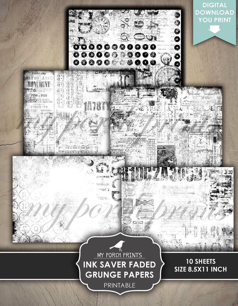 Faded Grunge Papers, Junk Journal, Ink Saver, Vintage, Black and White ...