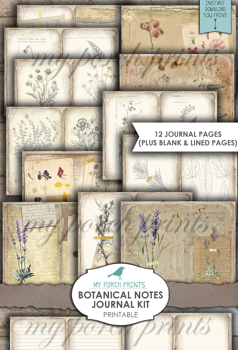 Puede incluir: Kit de diario bot&aacute;nico imprimible con 12 p&aacute;ginas con ilustraciones vintage de flores y plantas. El kit incluye p&aacute;ginas en blanco y rayadas. Las p&aacute;ginas est&aacute;n dise&ntilde;adas para ser impresas y utilizadas para llevar un diario, hacer scrapbooking u otros proyectos creativos.