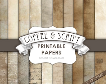 Coffee & Script, Papers, Junk Journal, Neutral, Brown, Dyed, Tea, Stained, Digital, Download, Paper, Vintage, Printable, My Porch Prints