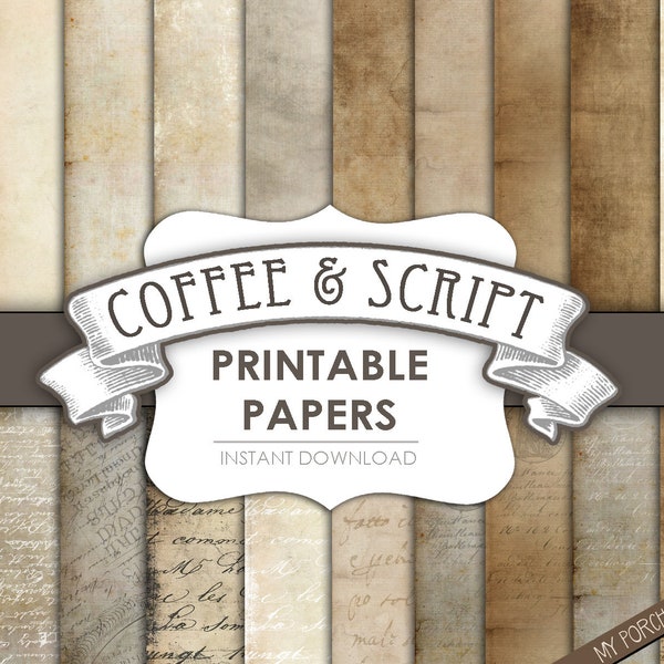 Coffee & Script, Papers, Junk Journal, Neutral, Brown, Dyed, Tea, Stained, Digital, Download, Paper, Vintage, Printable, My Porch Prints