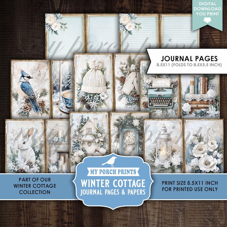 Winter Cottage Junk Journal PAGES & PAPERS, Vintage, Snow, Blue, White ...