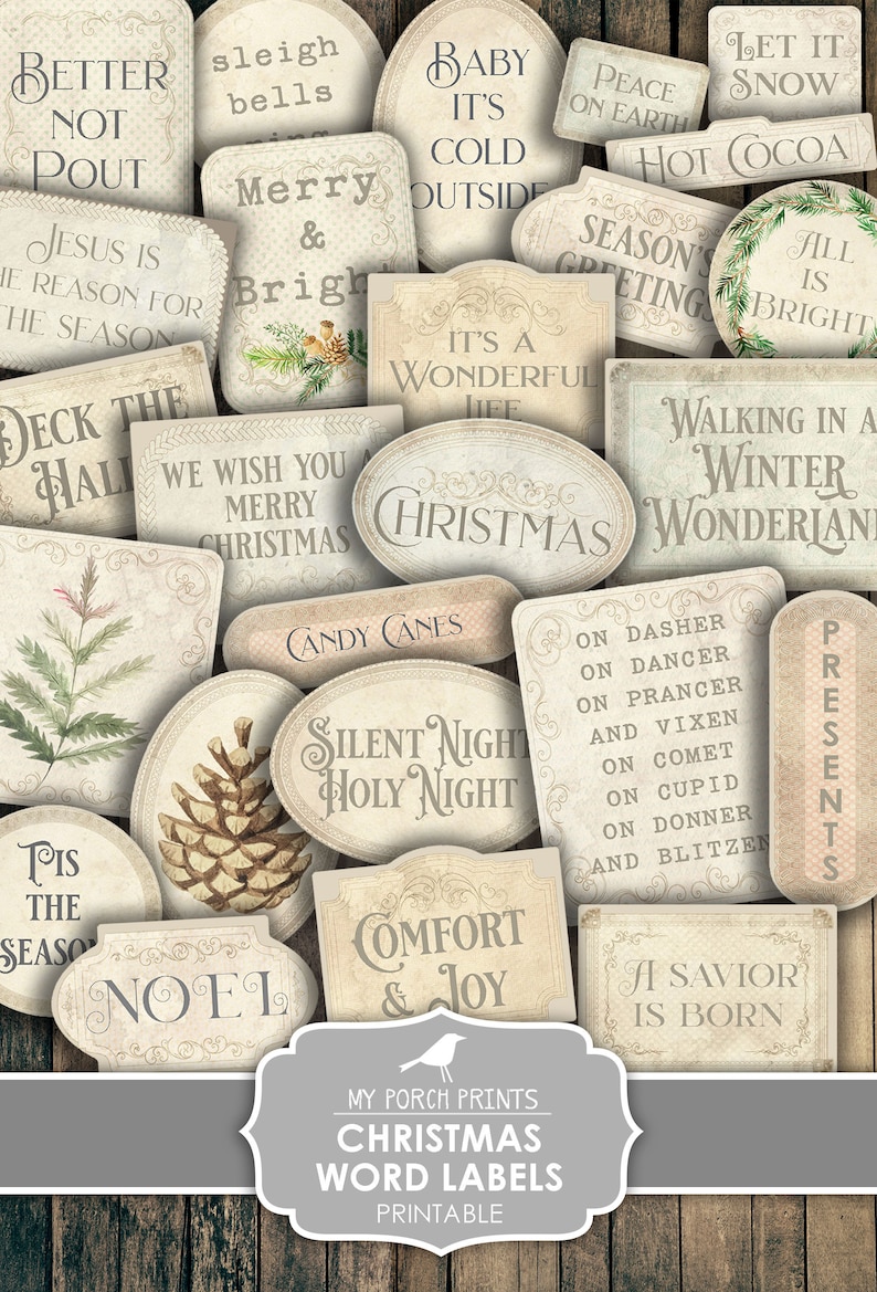 Junk Journal, Christmas, Word, Labels, Vintage, Santa, Tags, Words, Phrases, Ephemera, Ticket, My Porch Prints, Printable, Digital Download image 1