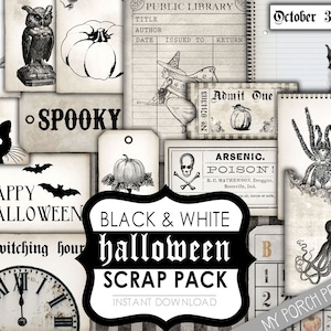 Halloween Scrapbook Kit, schwarz & weiß, Junk Journal Kit, Scrap Pack, Ephemera, Anhänger, Tranketikett, Papier, bedruckbar, Vintage, Kürbis, Kit