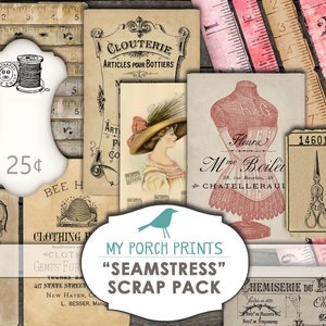 Couturière, couture, kit de scrapbooking, kit de journal indésirable, Scrap Pack, éphémère, étiquette, papier, imprimable, cartes, téléchargement, impressions de ma véranda, vintage