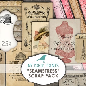 Seamstress, Sewing, Scrapbook Kit, junk journal kit, Scrap Pack, ephemera, tag, paper, printable, cards, download, my porch prints, vintage