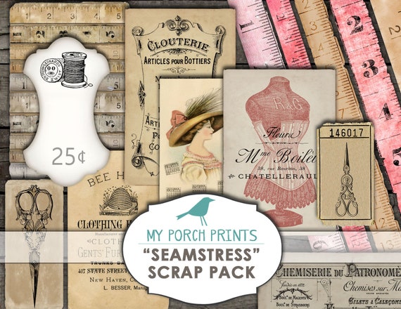 Seamstress, Sewing, Scrapbook Kit, junk journal kit, Scrap Pack, ephemera, tag, paper, printable, cards, download, my porch prints, vintage