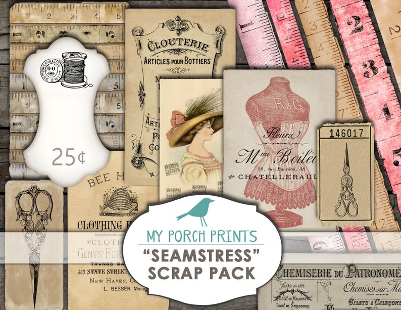 Pode incluir: Um pacote de papel digital para scrapbooking com um tema vintage. O pacote inclui imagens de ferramentas de costura, uma colmeia, um manequim e uma r&eacute;gua. O texto "Seamstress Scrap Pack" aparece no centro da imagem.
