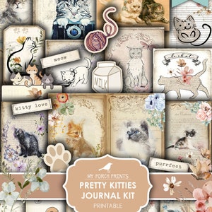 Journal indésirable, trousse, joli, chatons, chat, chaton, minou, animaux de compagnie, vintage, minable, fleurs sauvages, impressions de ma véranda, téléchargement numérique, imprimable