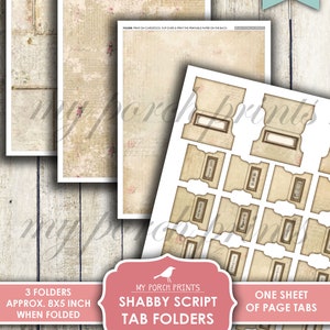 Op de afbeelding: Printbare digitale download van drie shabby chic stijl tabbladen met een vintage schrift. De mappen zijn ongeveer 8x5 inch wanneer ze gevouwen zijn. De download bevat ook een vel met printbare tabbladen.