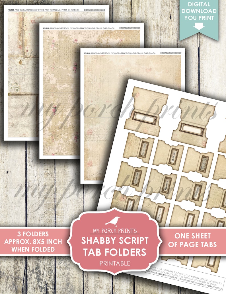Op de afbeelding: Printbare digitale download van drie shabby chic stijl tabbladen met een vintage schrift. De mappen zijn ongeveer 8x5 inch wanneer ze gevouwen zijn. De download bevat ook een vel met printbare tabbladen.