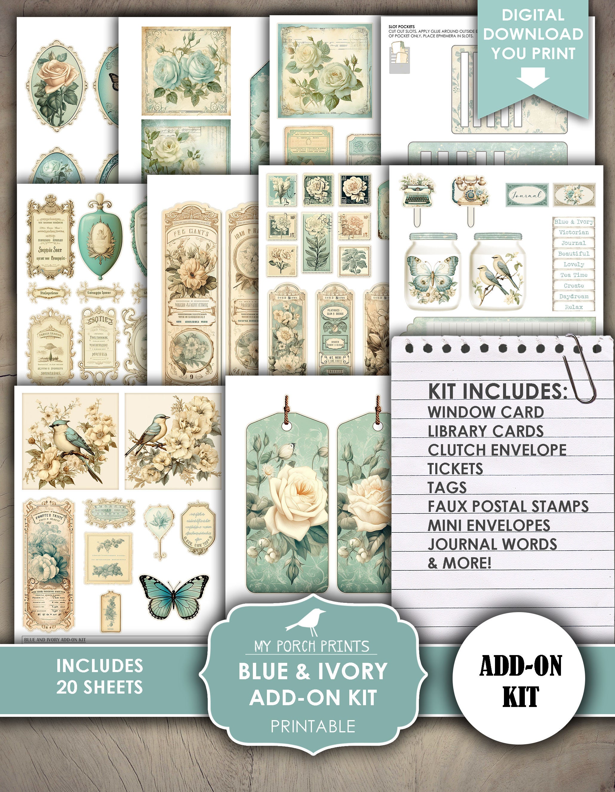 Blue and Ivory Junk Journal Add on Kit, Neutral, Victorian, Teal ...