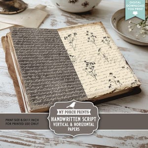 Peut inclure: Un livre ouvert avec des pages texturées et vieillies. Un côté présente une écriture manuscrite, l'autre des brins floraux. Le livre est étiqueté "My Porch Prints" et décrit comme "Papiers manuscrits verticaux et horizontaux". Format d'impression 21,6 x 27,9 cm.