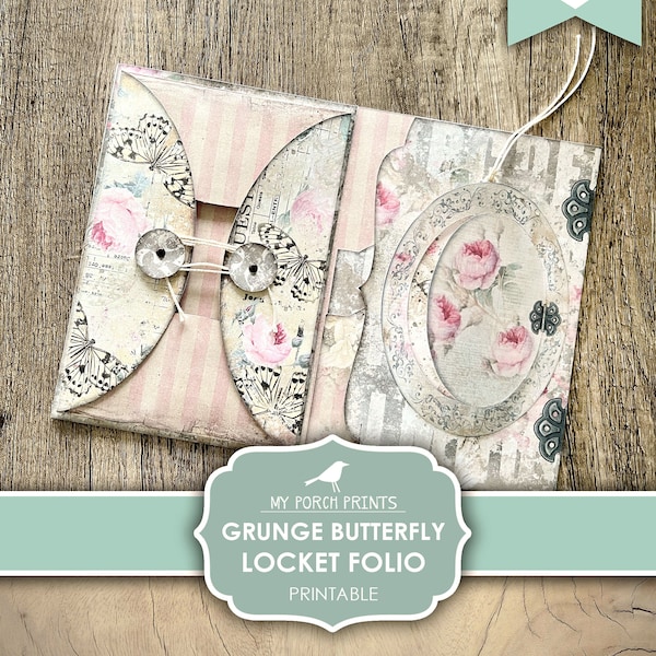 Junk Journal, Folio, Butterfly, Shabby, Grunge, Vintage, Folder, Pink, Locket, My Porch Prints, Insert, Digital Kit, Download, Printable