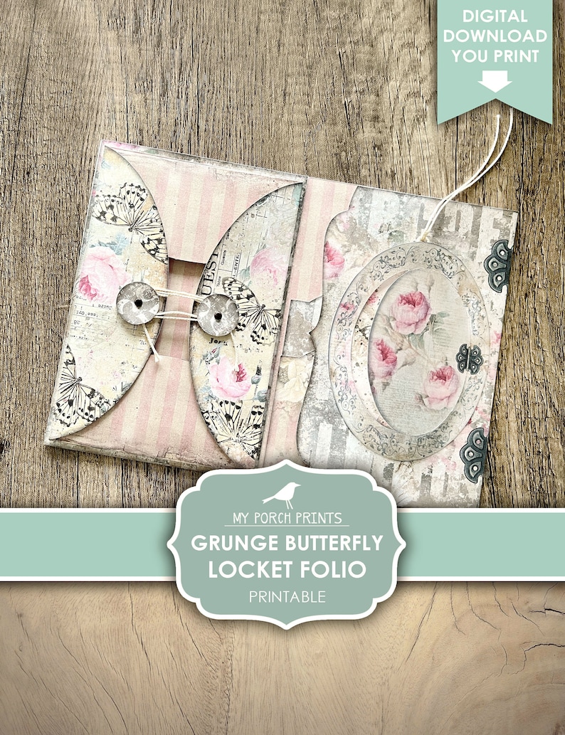 Skräpjournal, Folio, Fjäril, Shabby, Grunge, Vintage, Mapp, Rosa, Medaljong, Min veranda-utskrifter, Insats, Digitalt kit, Nedladdning, Utskrivbar bild 2